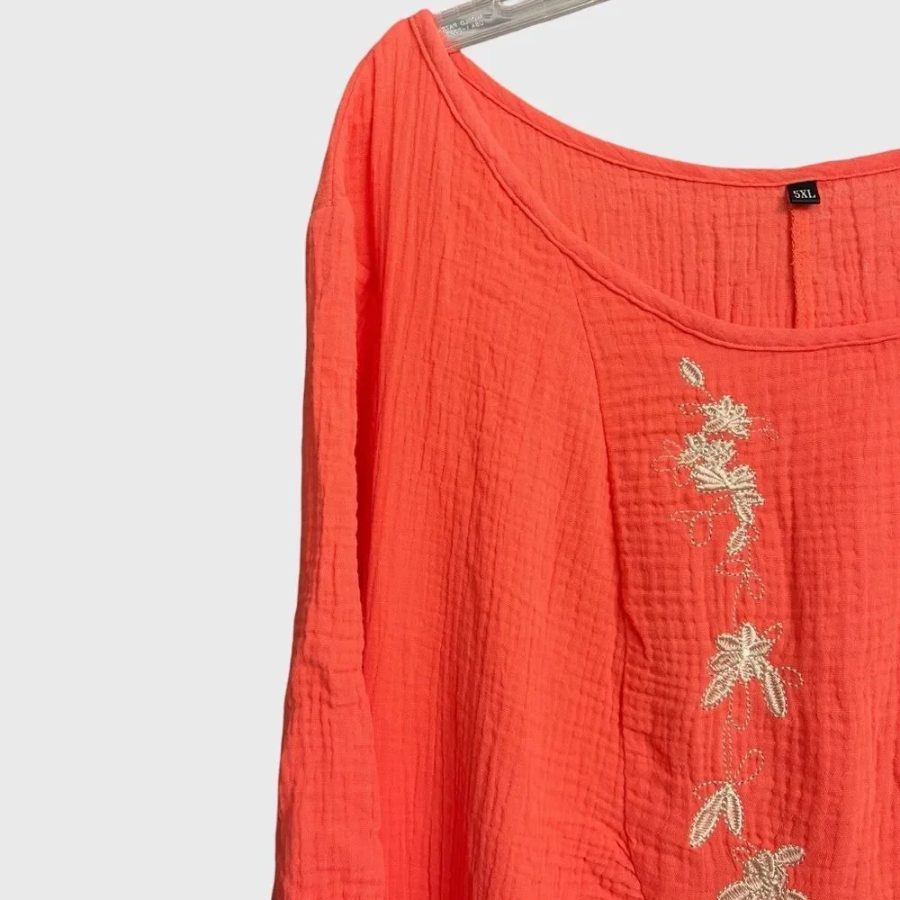 Women's Floral Embroidered Orange Gauze Midi Dress 5XL Crinkle Textured Summer